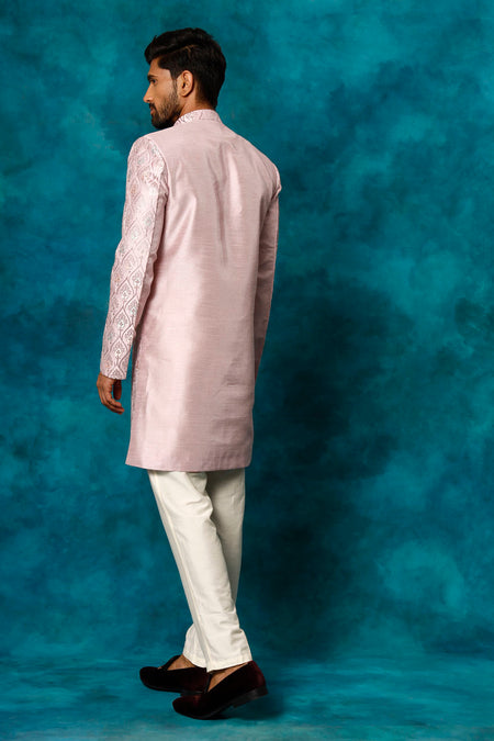 VASTRAMAY Men's Purple Pastel Embroidered Sherwani Set